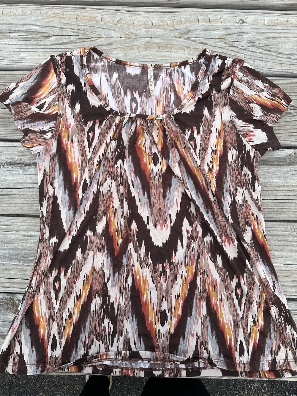 Women's Brown Multi-Print Short Sleeve Scoop Neck Top
